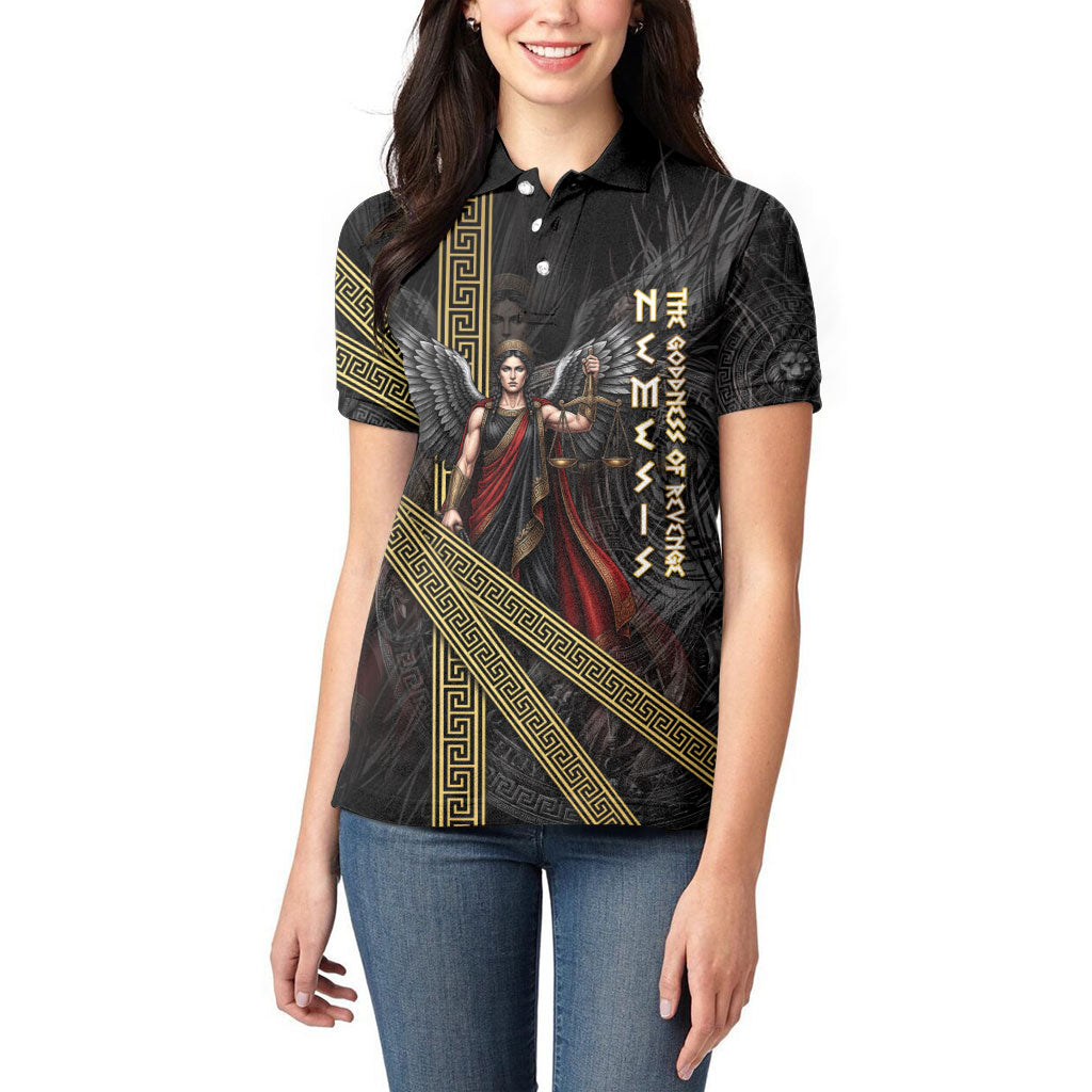 Nemesis Goddess Of Revenge Women Polo Shirt Winged Nemesis Scales Of Justice - Gold Greek Key