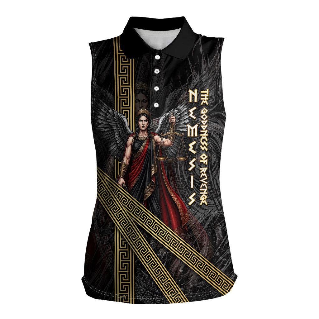 Nemesis Goddess Of Revenge Women Sleeveless Polo Shirt Winged Nemesis Scales Of Justice - Gold Greek Key