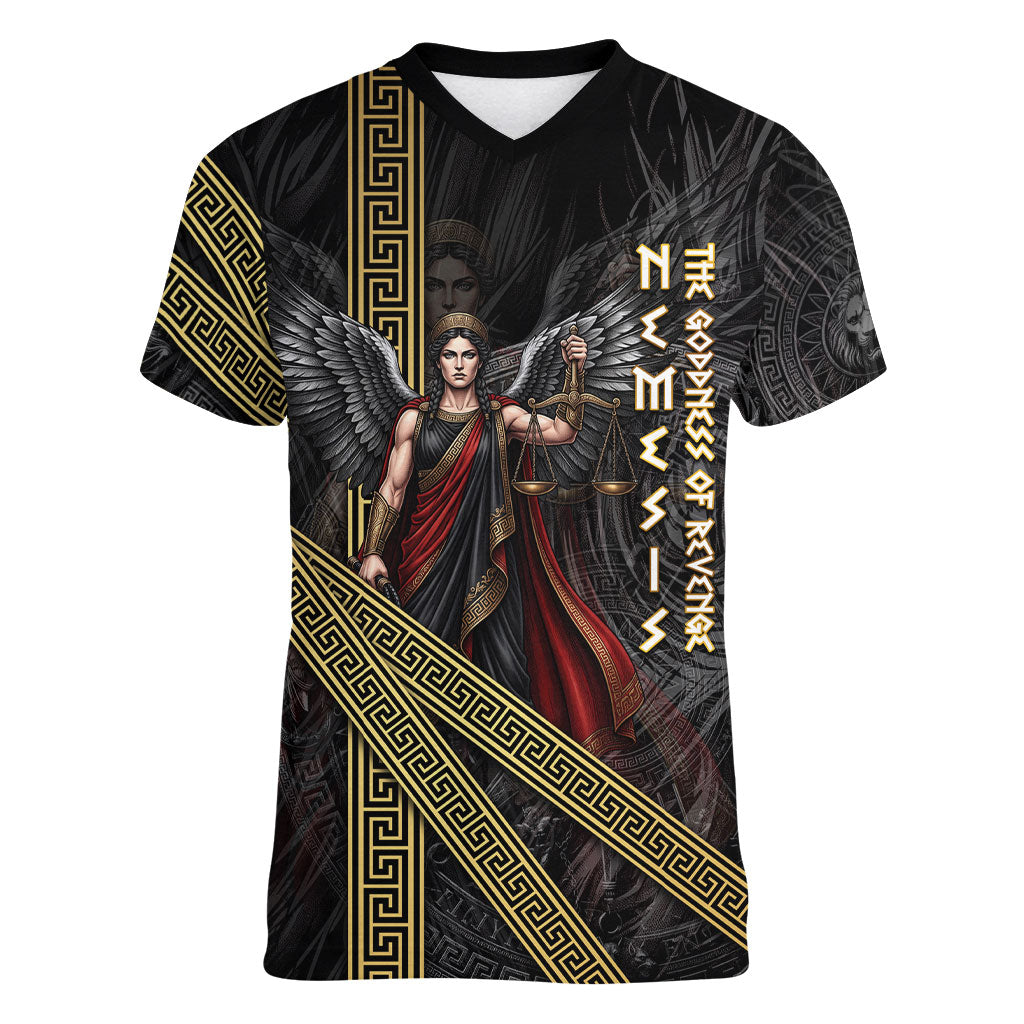 Nemesis Goddess Of Revenge Women V-Neck T-Shirt Winged Nemesis Scales Of Justice - Gold Greek Key