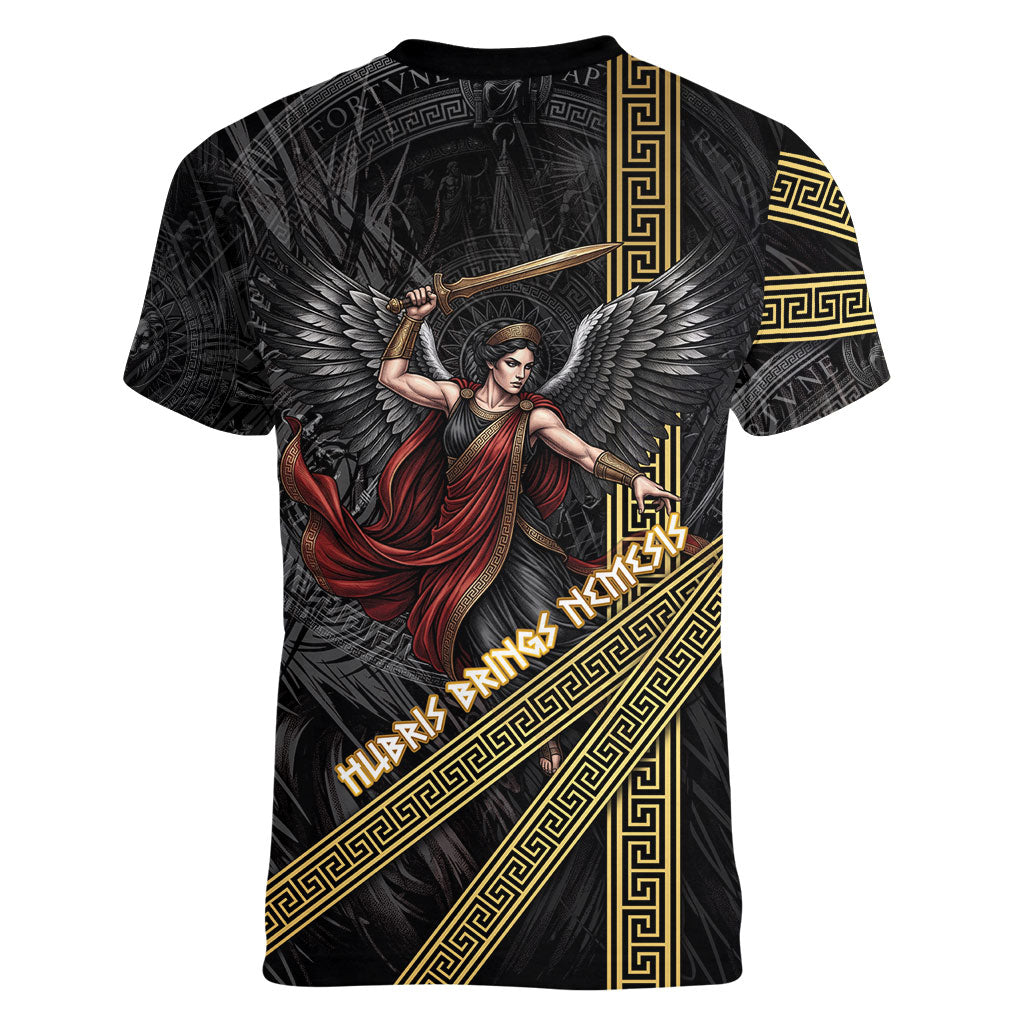 Nemesis Goddess Of Revenge Women V-Neck T-Shirt Winged Nemesis Scales Of Justice - Gold Greek Key