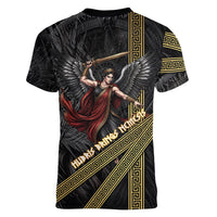 Nemesis Goddess Of Revenge Women V-Neck T-Shirt Winged Nemesis Scales Of Justice - Gold Greek Key