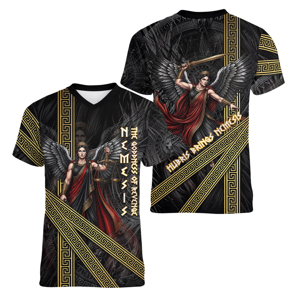 Nemesis Goddess Of Revenge Women V-Neck T-Shirt Winged Nemesis Scales Of Justice - Gold Greek Key