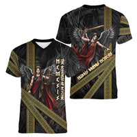 Nemesis Goddess Of Revenge Women V-Neck T-Shirt Winged Nemesis Scales Of Justice - Gold Greek Key