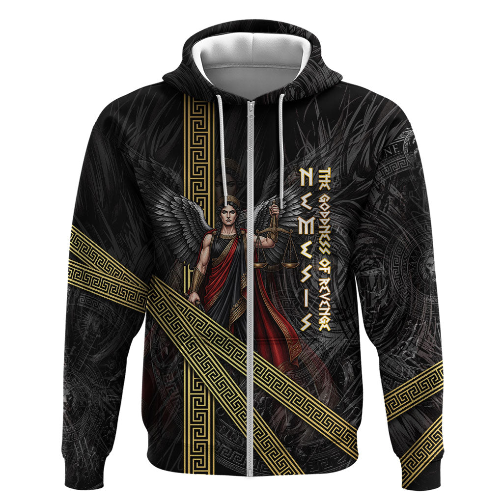 Nemesis Goddess Of Revenge Zip Hoodie Winged Nemesis Scales Of Justice - Gold Greek Key