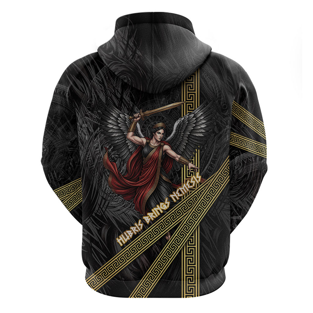 Nemesis Goddess Of Revenge Zip Hoodie Winged Nemesis Scales Of Justice - Gold Greek Key