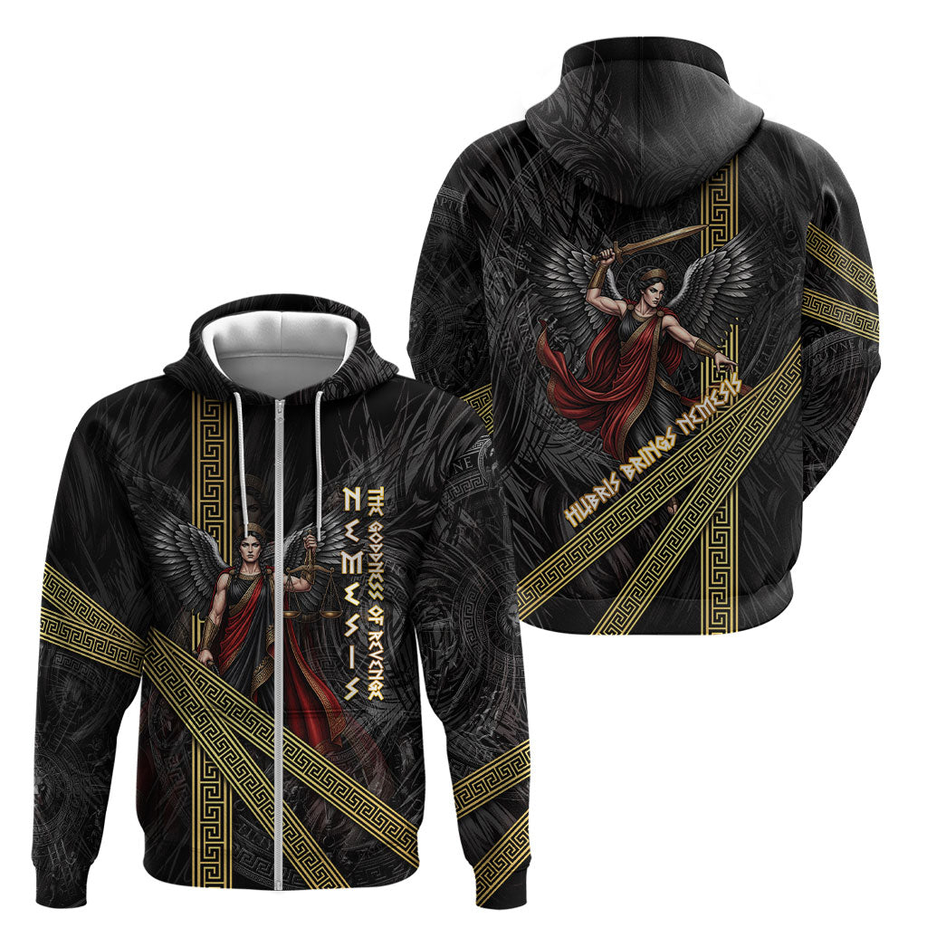 Nemesis Goddess Of Revenge Zip Hoodie Winged Nemesis Scales Of Justice - Gold Greek Key