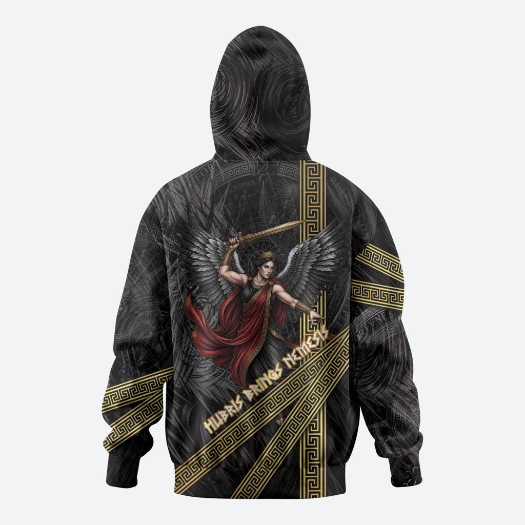 Nemesis Goddess Of Revenge Zip Hoodie Winged Nemesis Scales Of Justice - Gold Greek Key