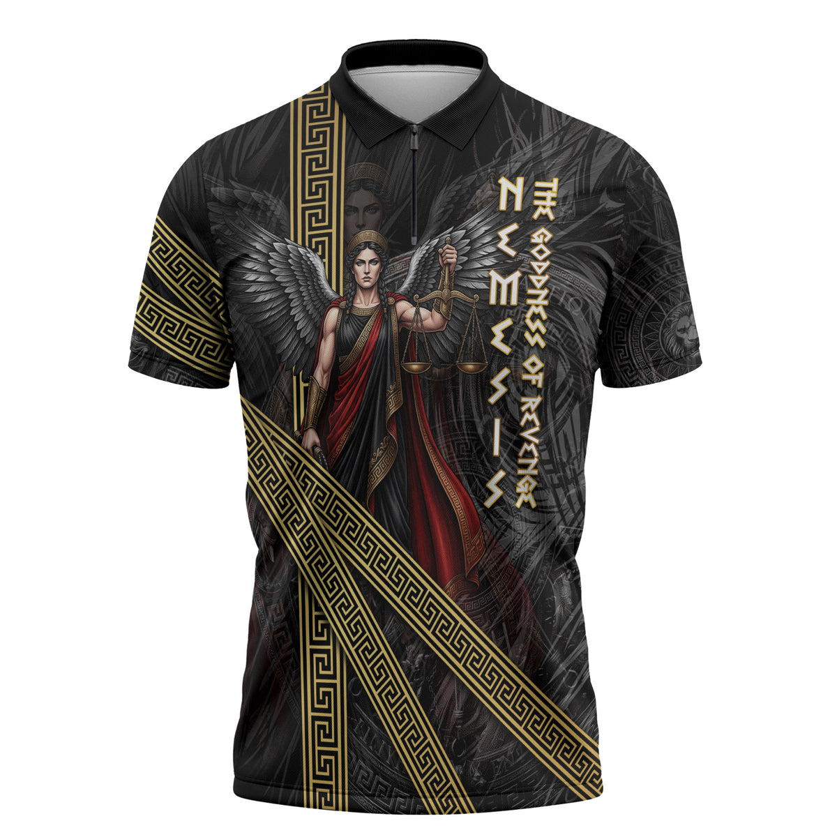 Nemesis Goddess Of Revenge Zipper Polo Shirt Winged Nemesis Scales Of Justice - Gold Greek Key