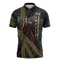 Nemesis Goddess Of Revenge Zipper Polo Shirt Winged Nemesis Scales Of Justice - Gold Greek Key