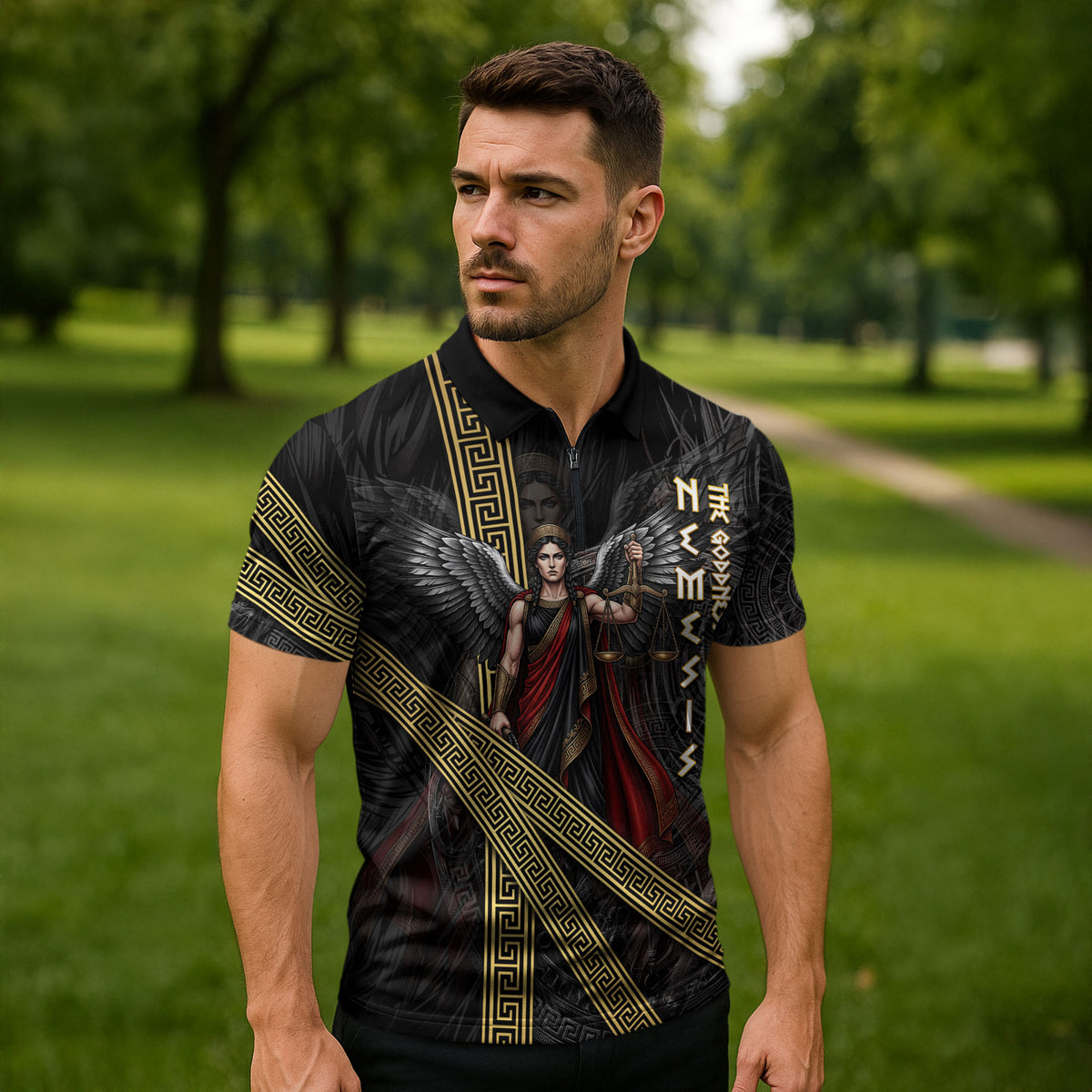 Nemesis Goddess Of Revenge Zipper Polo Shirt Winged Nemesis Scales Of Justice - Gold Greek Key