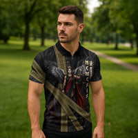 Nemesis Goddess Of Revenge Zipper Polo Shirt Winged Nemesis Scales Of Justice - Gold Greek Key