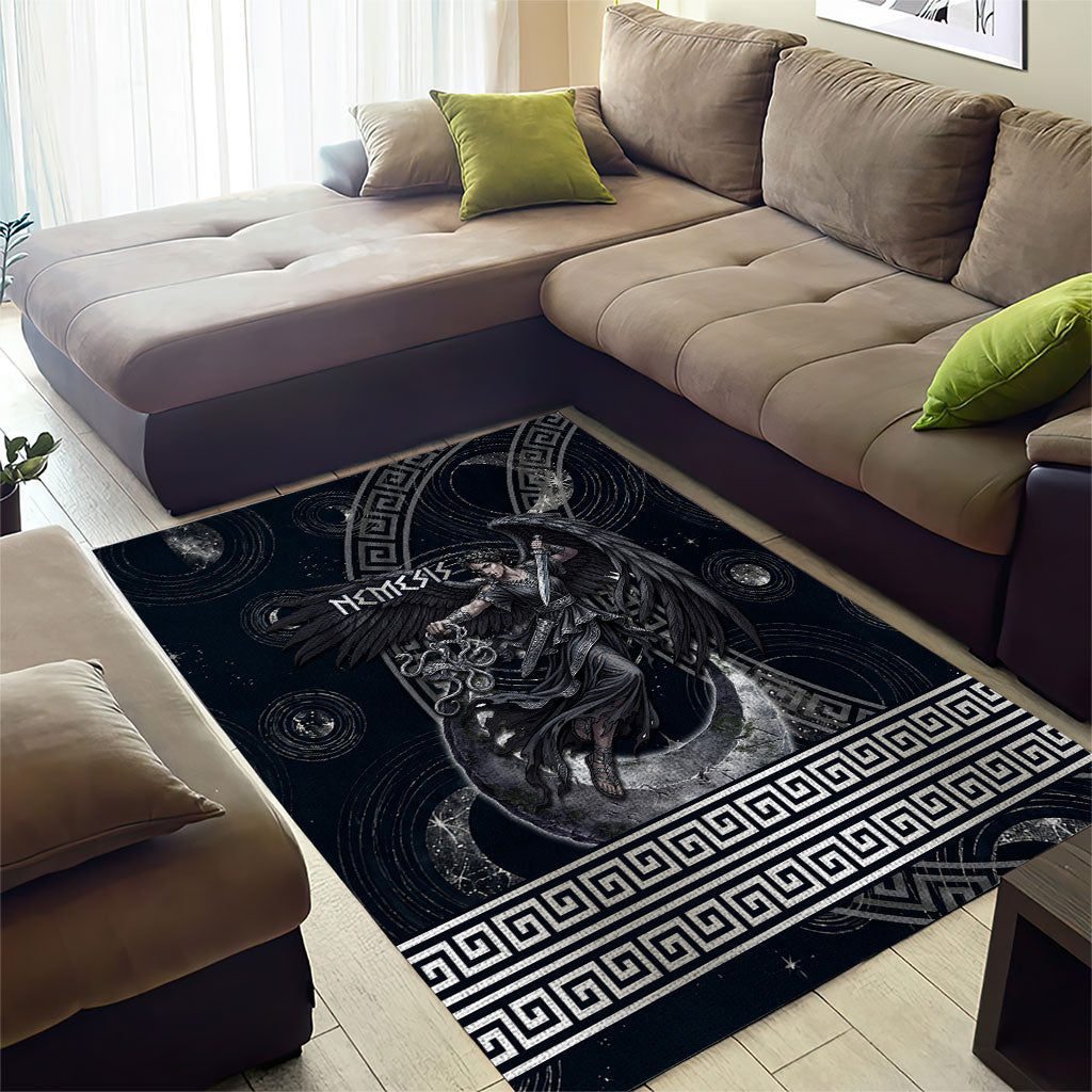 Nemesis Goddess Area Rug Winged Nemesis Crescent Moon Sword Greek Key