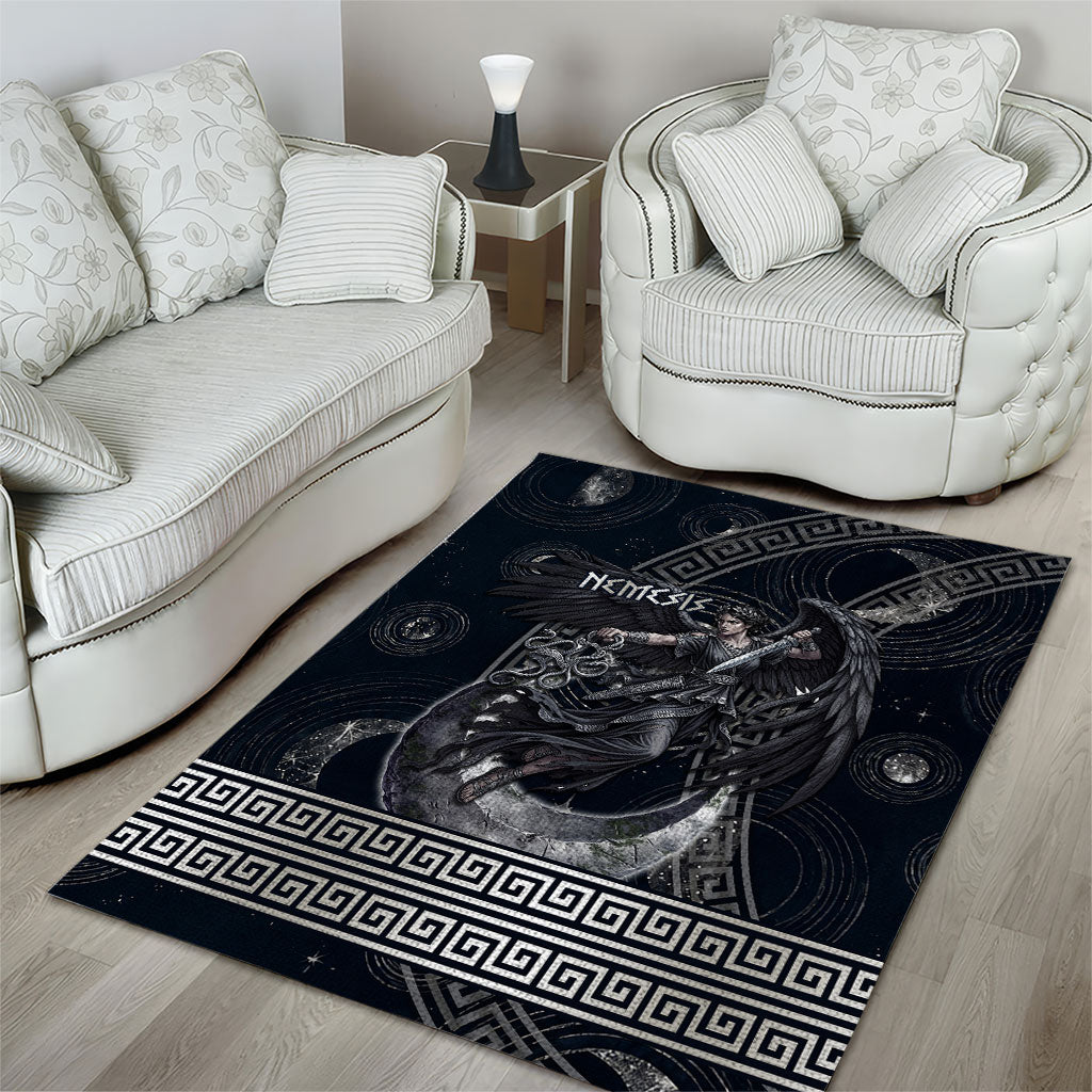 Nemesis Goddess Area Rug Winged Nemesis Crescent Moon Sword Greek Key