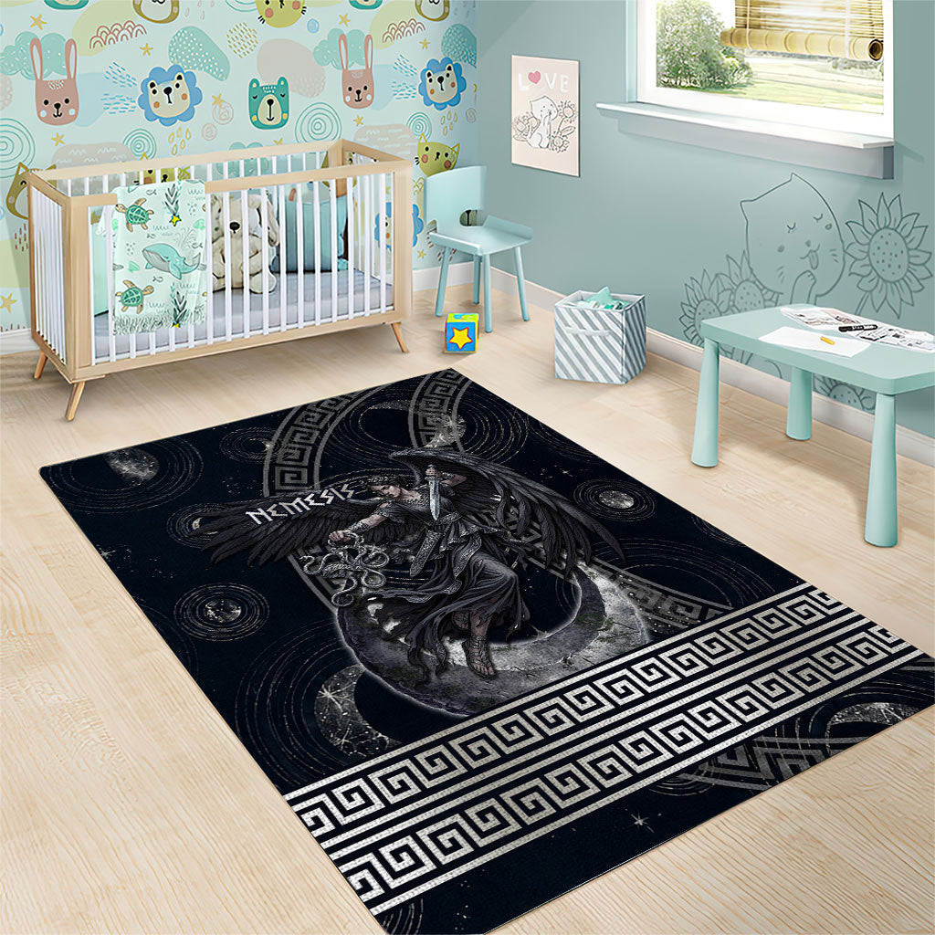 Nemesis Goddess Area Rug Winged Nemesis Crescent Moon Sword Greek Key