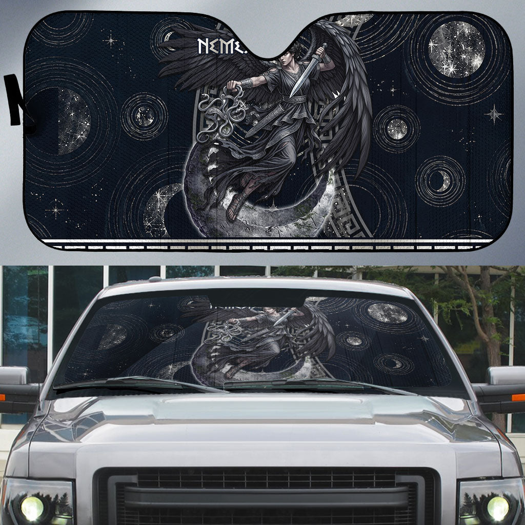 Nemesis Goddess Auto Sun Shade Winged Nemesis Crescent Moon Sword Greek Key
