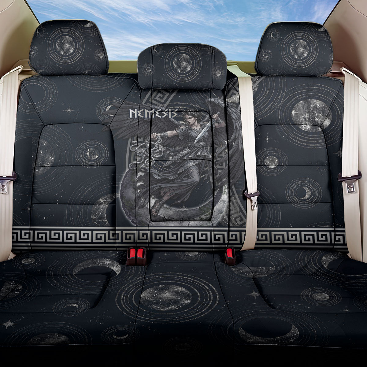 Nemesis Goddess Back Car Seat Cover Winged Nemesis Crescent Moon Sword Greek Key