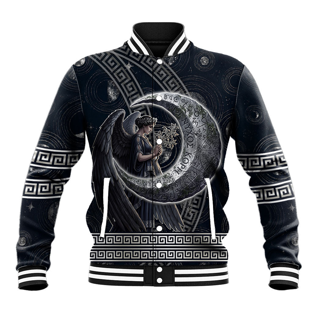 Nemesis Goddess Baseball Jacket Winged Nemesis Crescent Moon Sword Greek Key