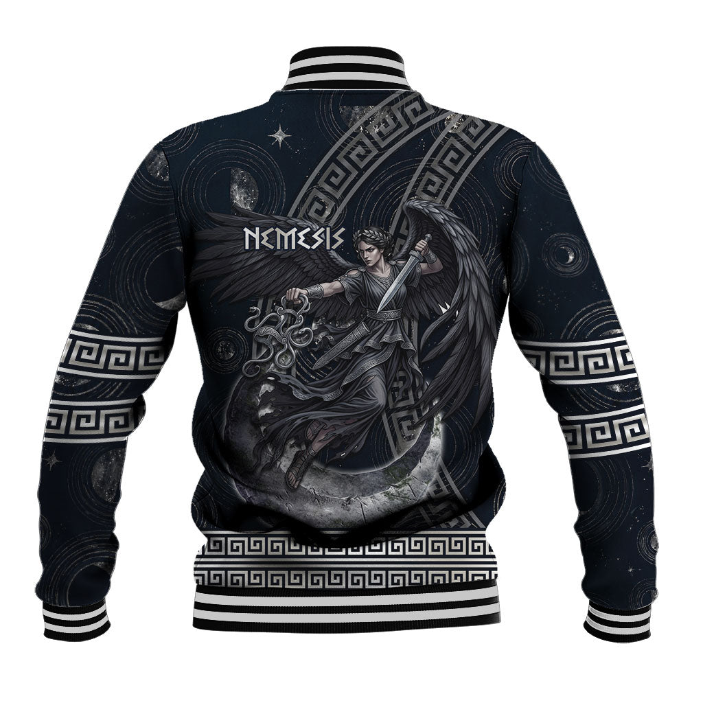 Nemesis Goddess Baseball Jacket Winged Nemesis Crescent Moon Sword Greek Key
