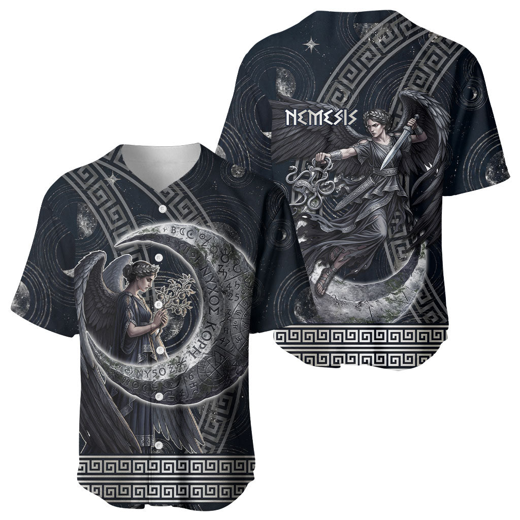 Nemesis Goddess Baseball Jersey Winged Nemesis Crescent Moon Sword Greek Key