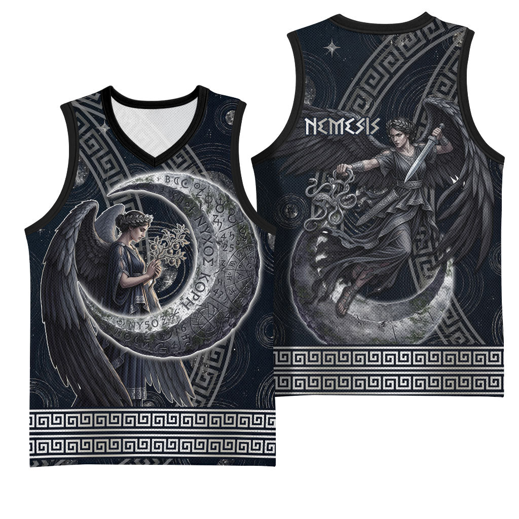 Nemesis Goddess Basketball Jersey Winged Nemesis Crescent Moon Sword Greek Key