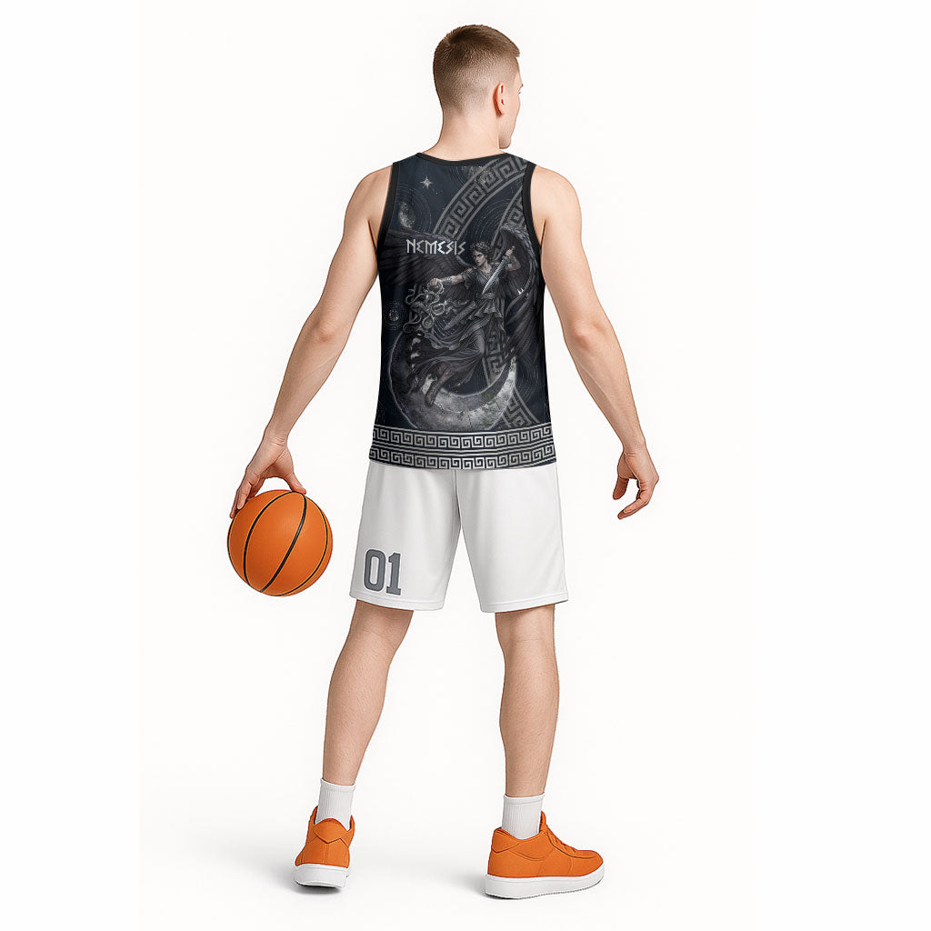 Nemesis Goddess Basketball Jersey Winged Nemesis Crescent Moon Sword Greek Key