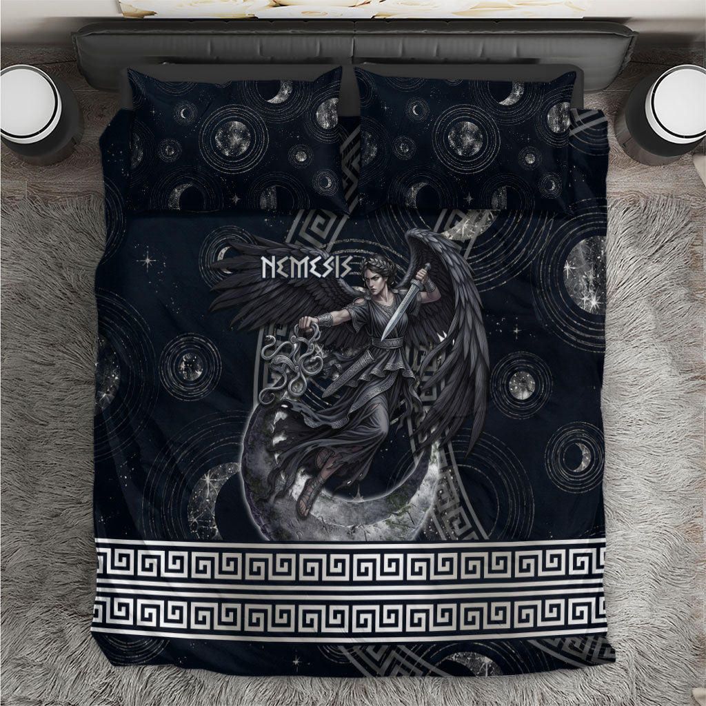 Nemesis Goddess Bedding Set Winged Nemesis Crescent Moon Sword Greek Key