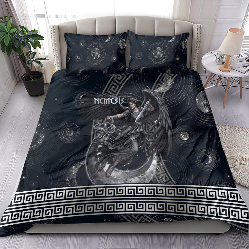 Nemesis Goddess Bedding Set Winged Nemesis Crescent Moon Sword Greek Key