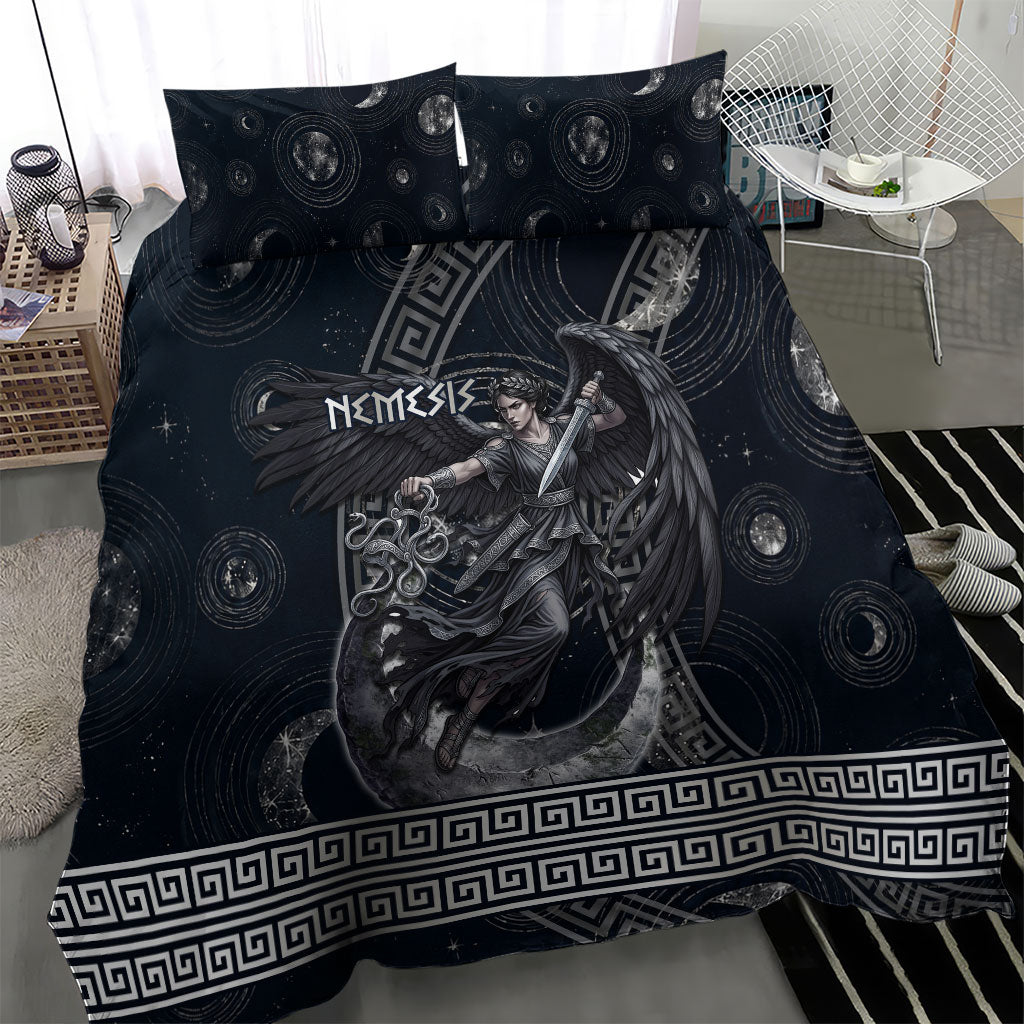 Nemesis Goddess Bedding Set Winged Nemesis Crescent Moon Sword Greek Key