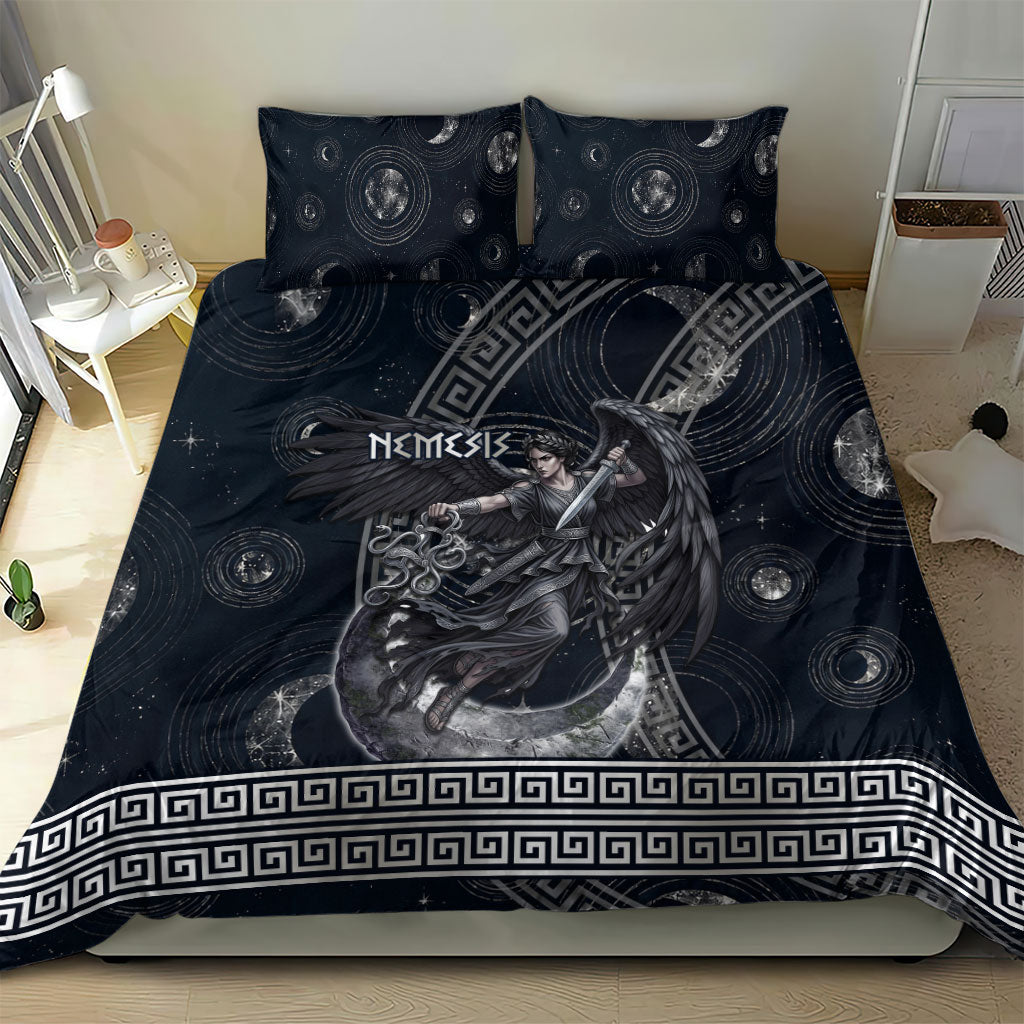 Nemesis Goddess Bedding Set Winged Nemesis Crescent Moon Sword Greek Key