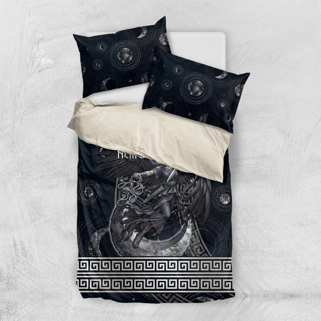 Nemesis Goddess Bedding Set Winged Nemesis Crescent Moon Sword Greek Key