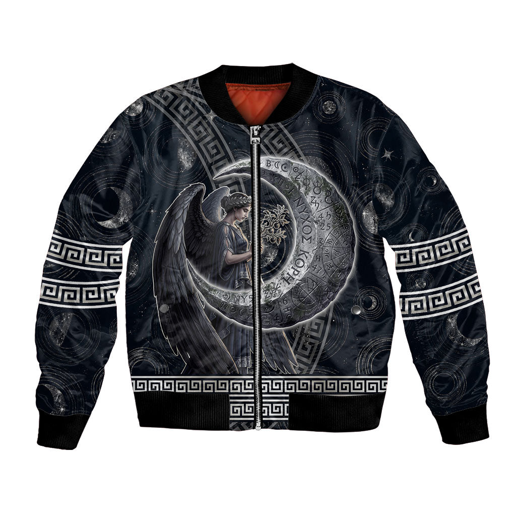 Nemesis Goddess Bomber Jacket Winged Nemesis Crescent Moon Sword Greek Key