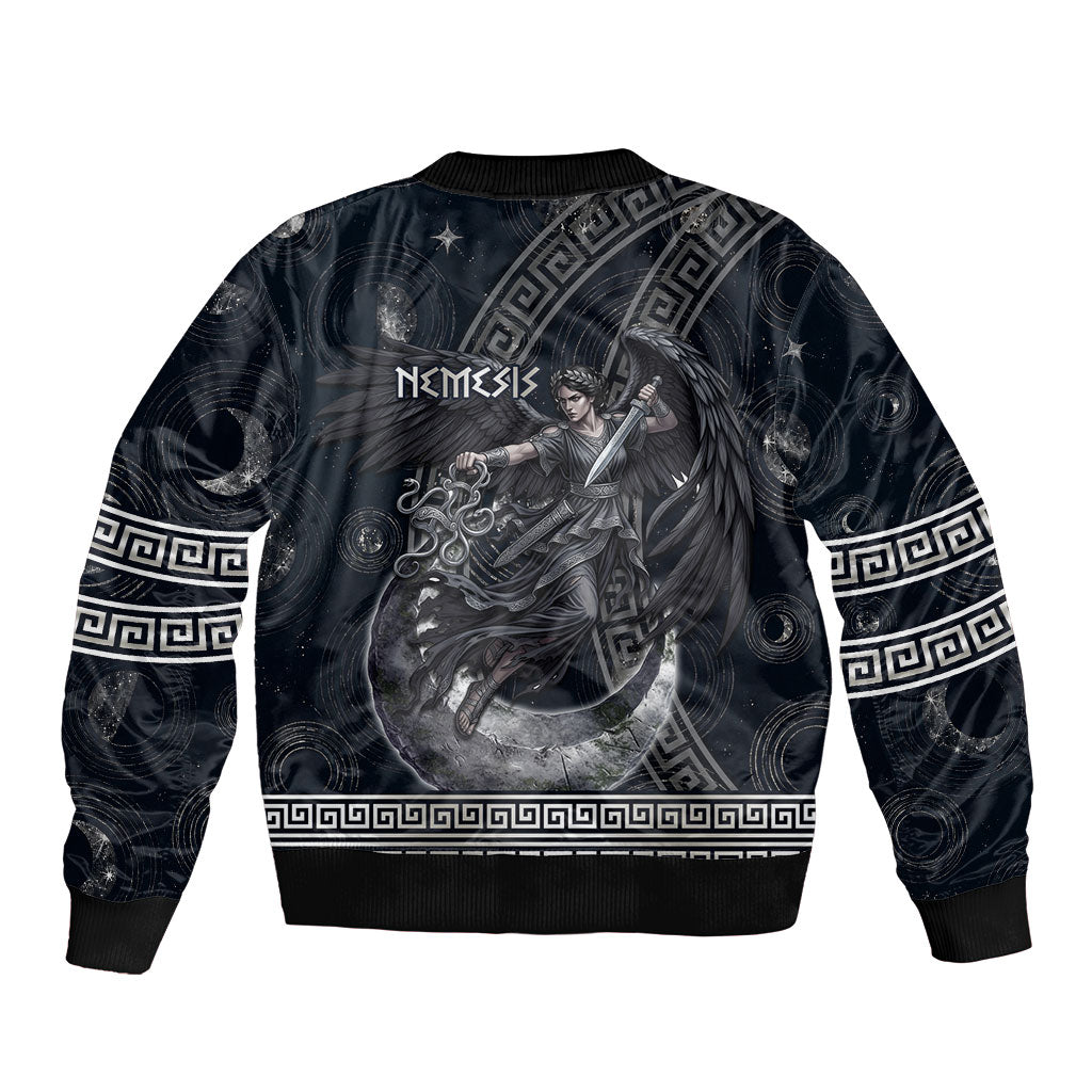 Nemesis Goddess Bomber Jacket Winged Nemesis Crescent Moon Sword Greek Key