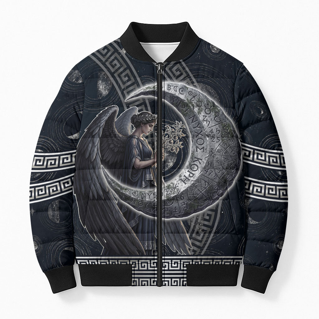 Nemesis Goddess Bomber Puffer Jacket Winged Nemesis Crescent Moon Sword Greek Key