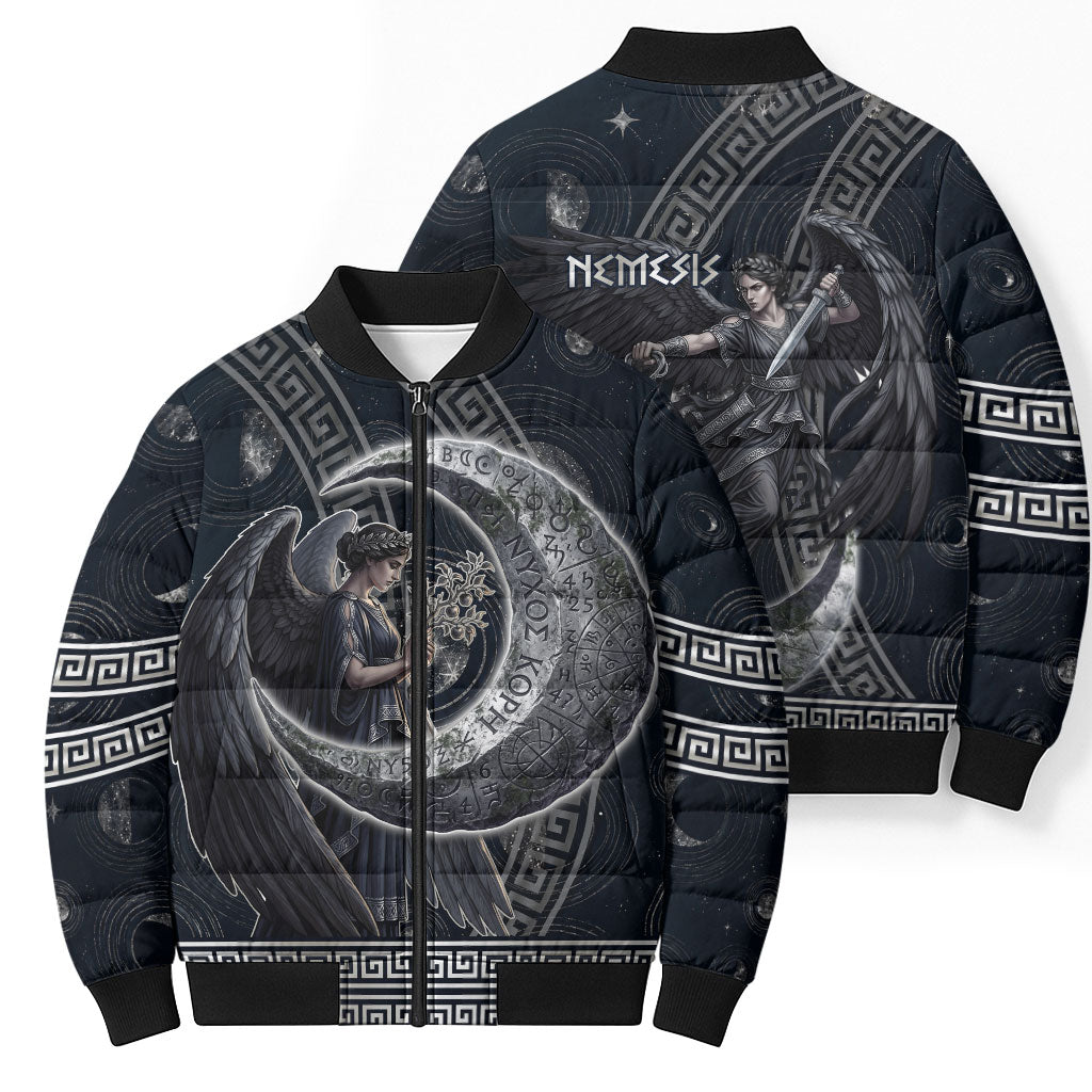 Nemesis Goddess Bomber Puffer Jacket Winged Nemesis Crescent Moon Sword Greek Key