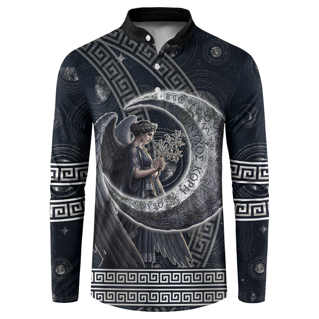 Nemesis Goddess Button Sweatshirt Winged Nemesis Crescent Moon Sword Greek Key