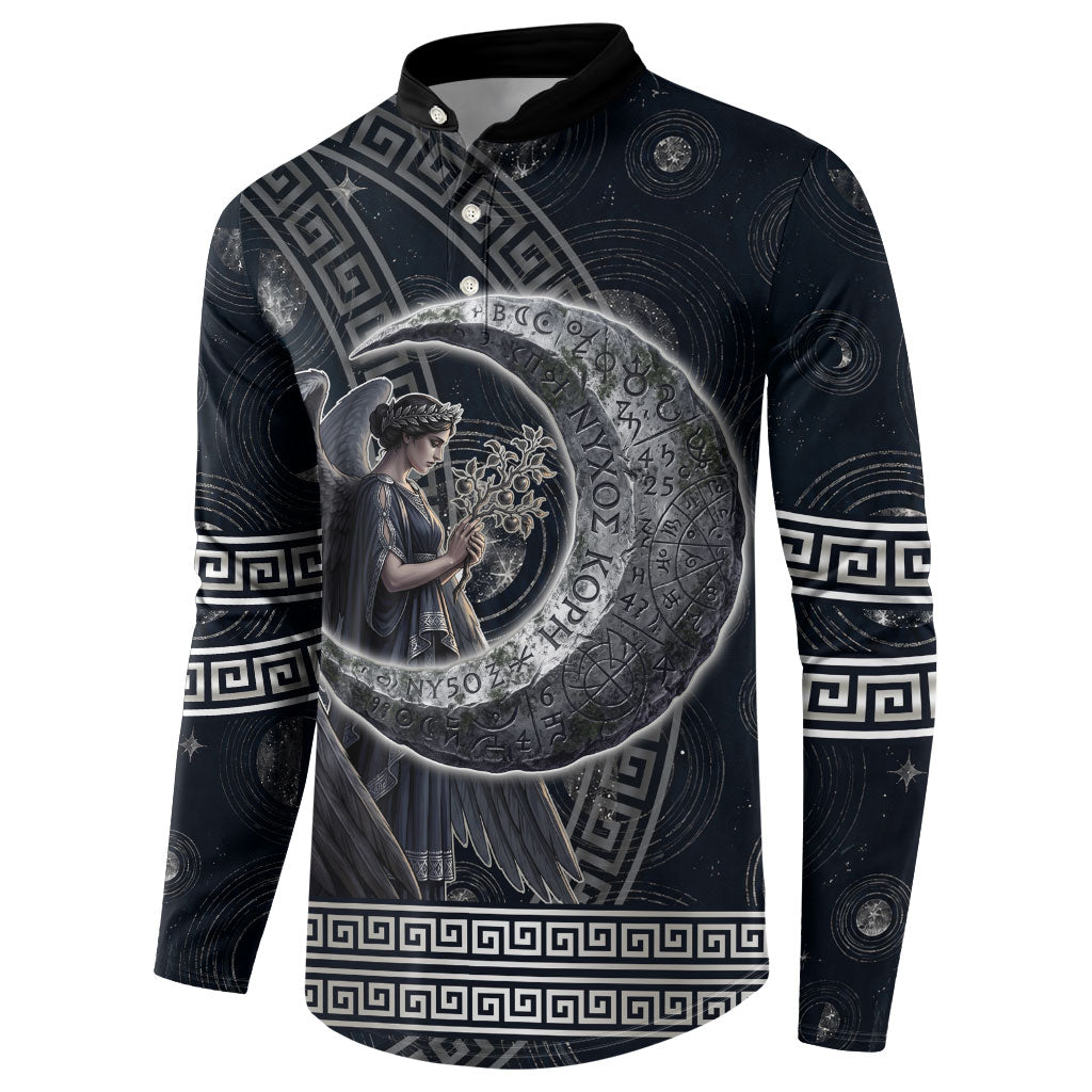 Nemesis Goddess Button Sweatshirt Winged Nemesis Crescent Moon Sword Greek Key