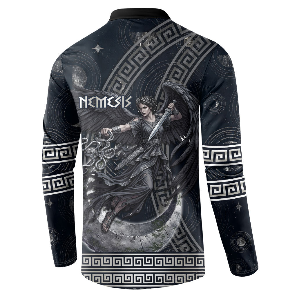 Nemesis Goddess Button Sweatshirt Winged Nemesis Crescent Moon Sword Greek Key