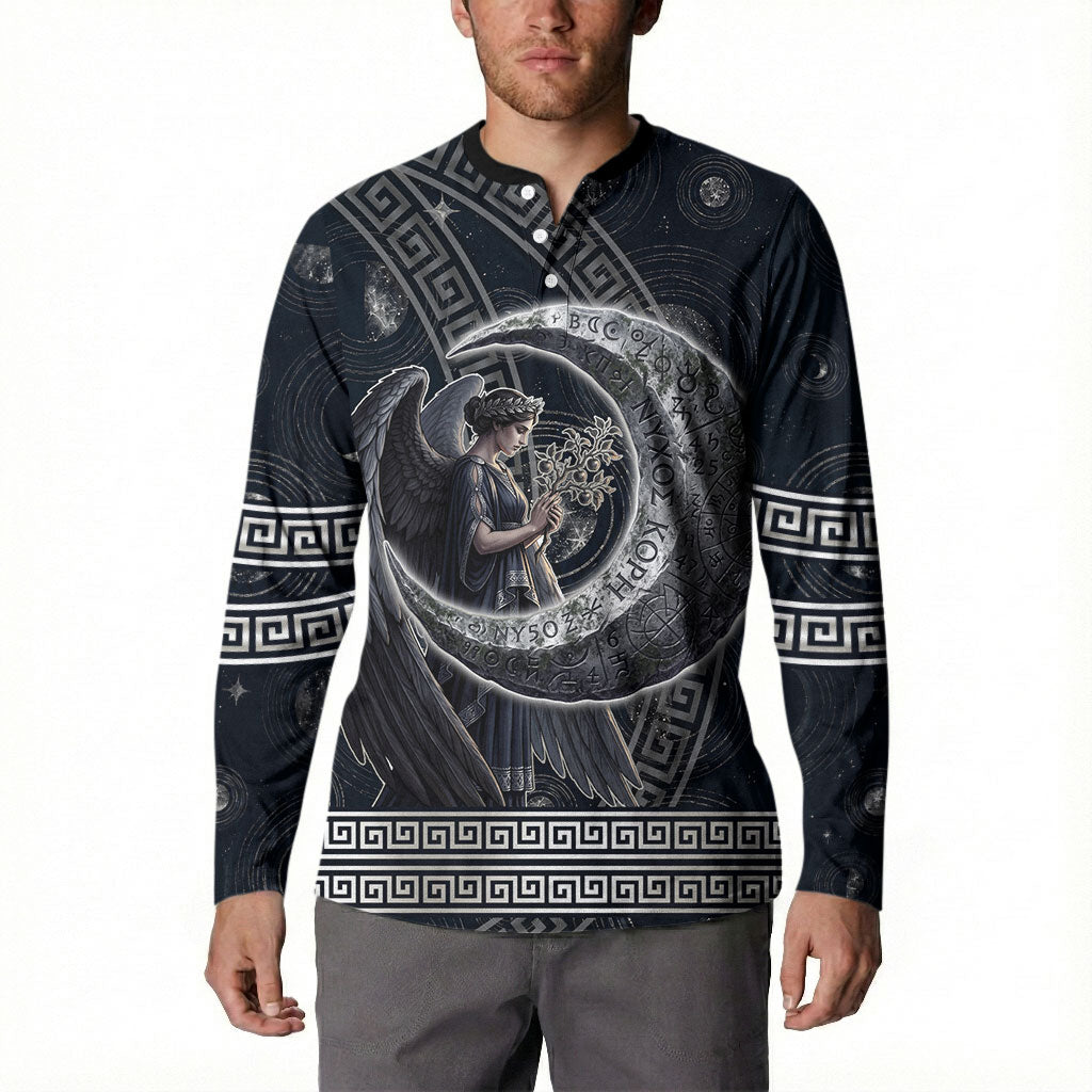 Nemesis Goddess Button Sweatshirt Winged Nemesis Crescent Moon Sword Greek Key