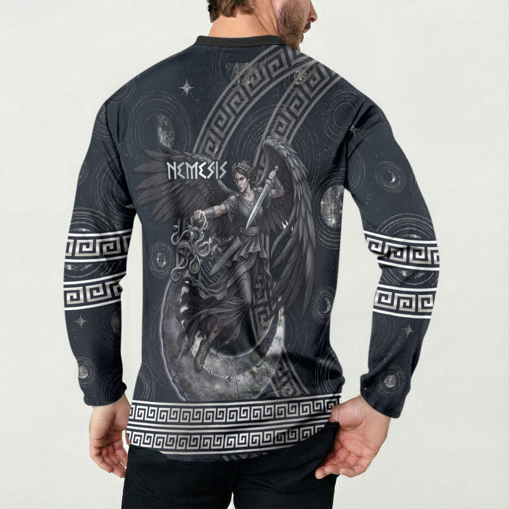 Nemesis Goddess Button Sweatshirt Winged Nemesis Crescent Moon Sword Greek Key