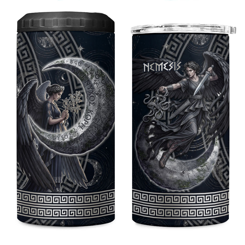 Nemesis Goddess 4 in 1 Can Cooler Tumbler Winged Nemesis Crescent Moon Sword Greek Key