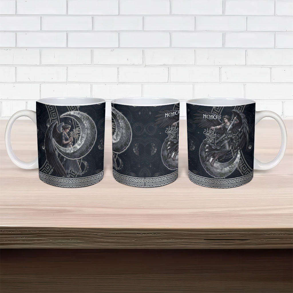 Nemesis Goddess Ceramic Mug Winged Nemesis Crescent Moon Sword Greek Key