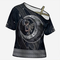 Nemesis Goddess Cross Shoulder Shirt Winged Nemesis Crescent Moon Sword Greek Key