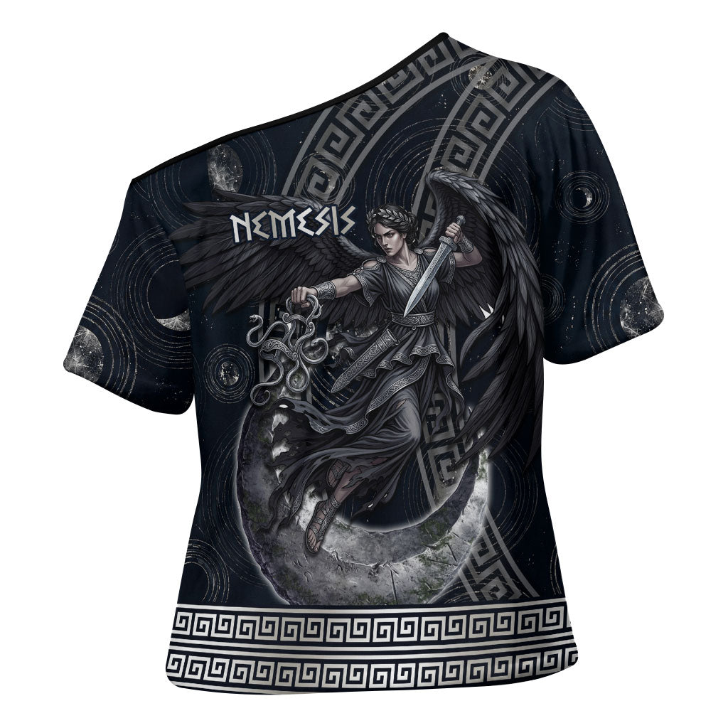 Nemesis Goddess Cross Shoulder Shirt Winged Nemesis Crescent Moon Sword Greek Key