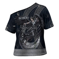 Nemesis Goddess Cross Shoulder Shirt Winged Nemesis Crescent Moon Sword Greek Key
