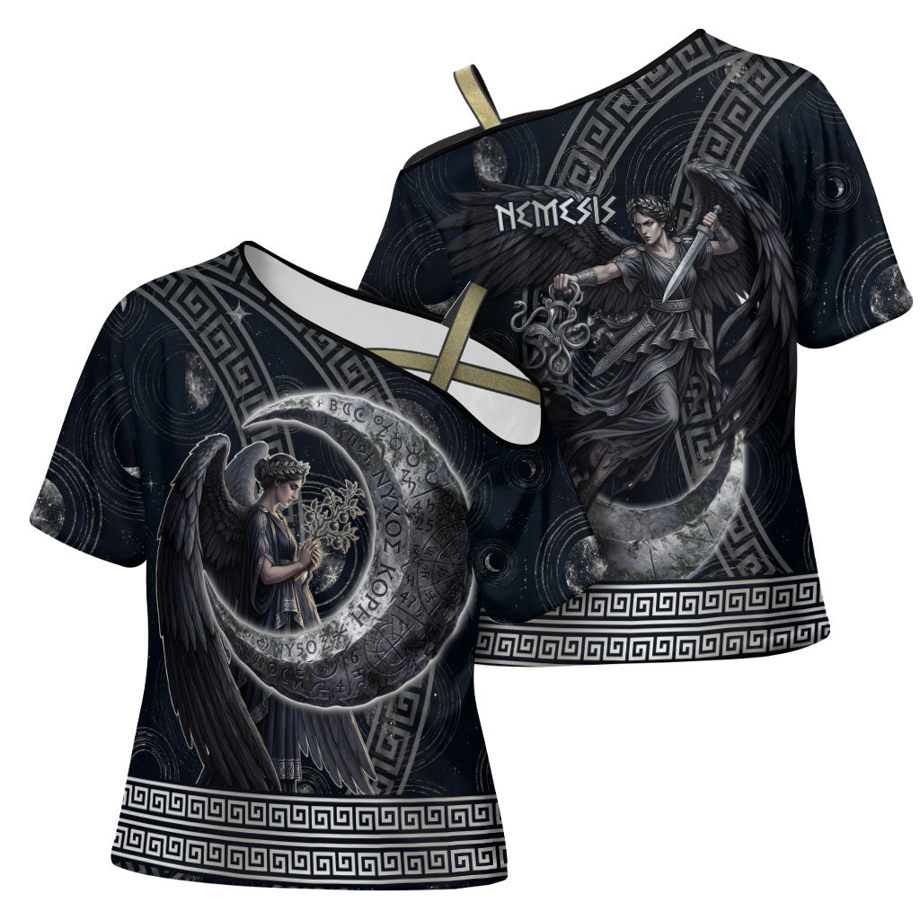 Nemesis Goddess Cross Shoulder Shirt Winged Nemesis Crescent Moon Sword Greek Key