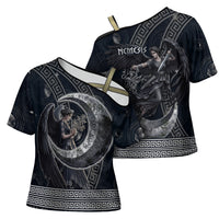 Nemesis Goddess Cross Shoulder Shirt Winged Nemesis Crescent Moon Sword Greek Key