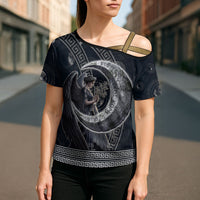 Nemesis Goddess Cross Shoulder Shirt Winged Nemesis Crescent Moon Sword Greek Key