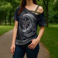 Nemesis Goddess Cross Shoulder Shirt Winged Nemesis Crescent Moon Sword Greek Key