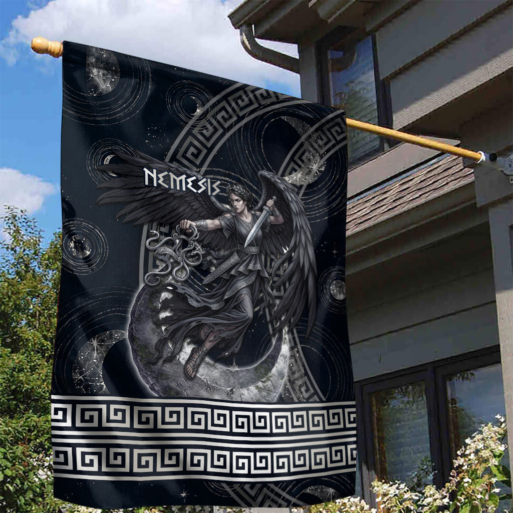 Nemesis Goddess Garden Flag Winged Nemesis Crescent Moon Sword Greek Key