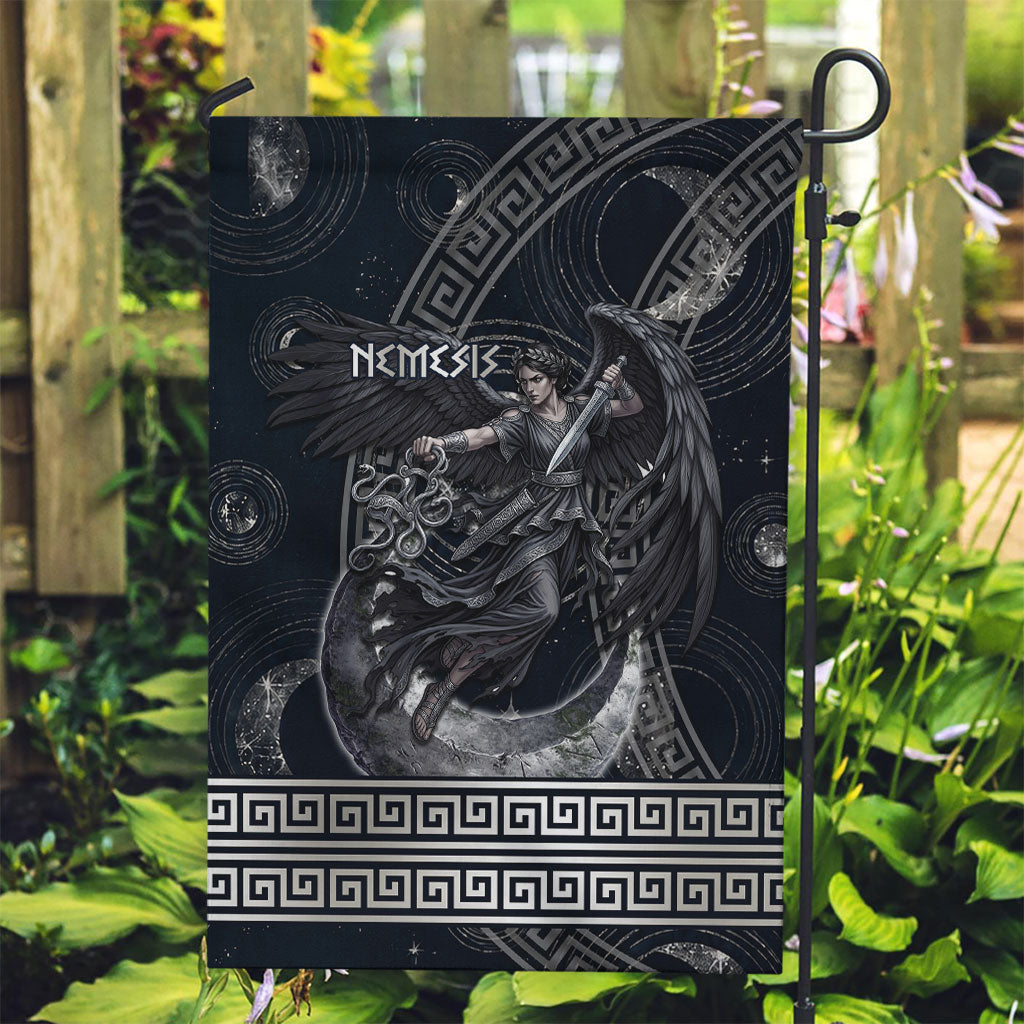 Nemesis Goddess Garden Flag Winged Nemesis Crescent Moon Sword Greek Key